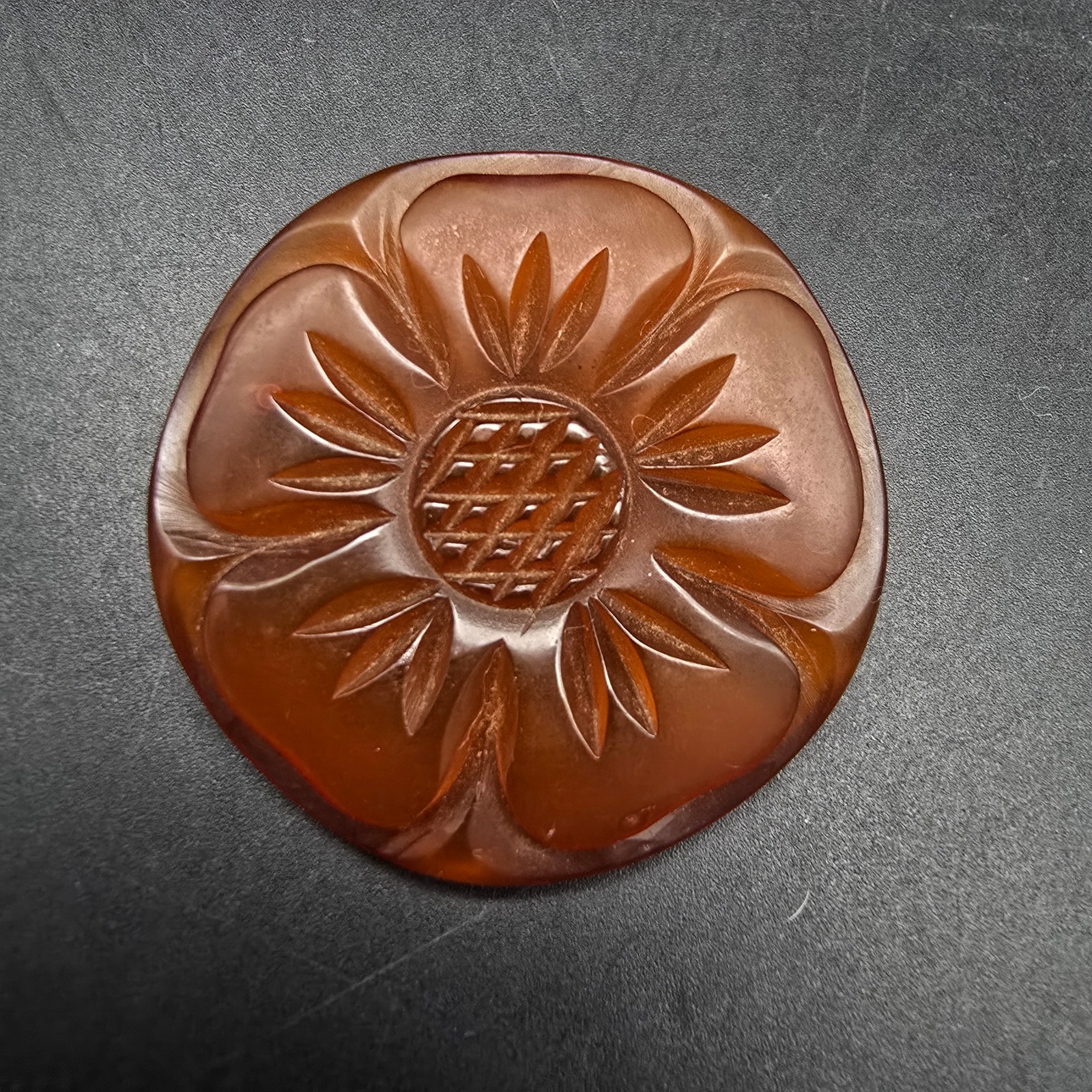 Orange Carved Bakelite Flower Brooch Vintage Plastic Costume Jewelry